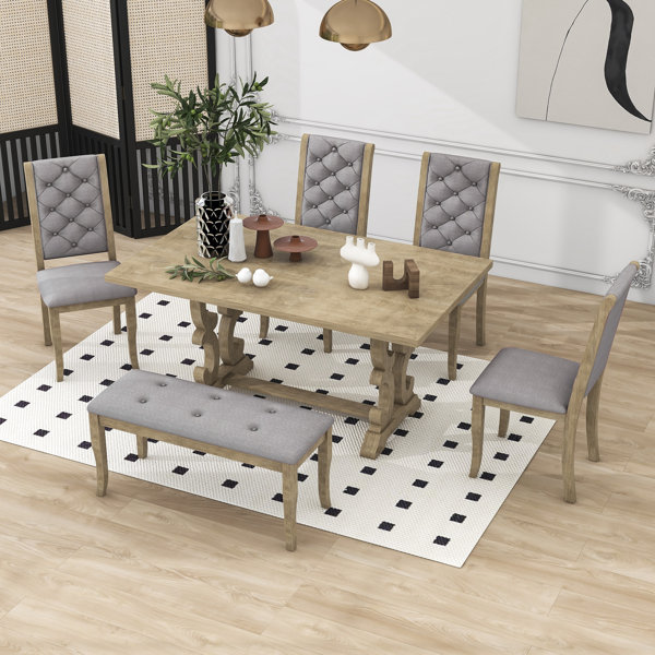 August Grove® Athira 6 Piece Trestle Dining Set, UniqueDesigned Table, Upholstered Chairs and